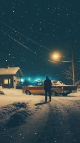 Lone figure studies snowbound car under sodium streetlight.