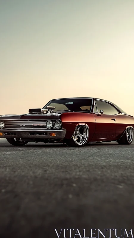 Supercharged lowrider muscle car at golden hour, wide angle