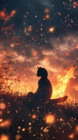 Cat silhouette amid blazing wildfire with falling embers