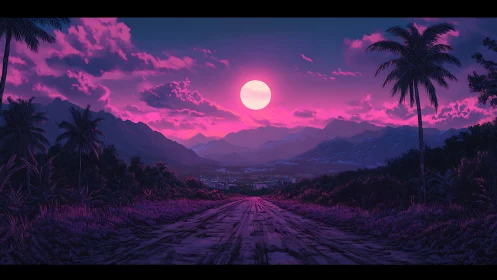 Neon magenta coast road under synthetic lunar afterglow.