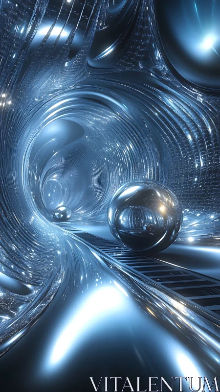 Futuristic chrome tunnel with reflective spheres in motion.