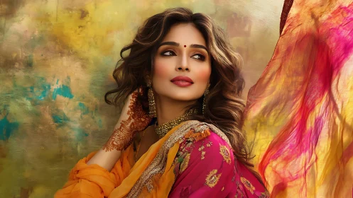 Digital painting portrait in vibrant traditional silk drapery.