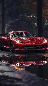 Chromatic sports coupe mirrored in wet forest roadway reflection.