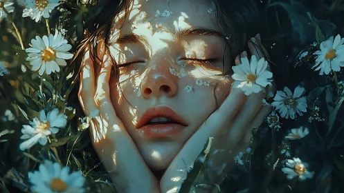 Young woman lies among daisies with closed eyes in soft light
