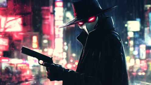 Masked gunman in neon city alley with glowing red eyes.