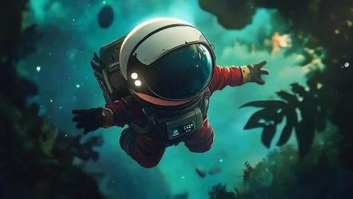 Solitary astronaut figure suspended in teal forest void.