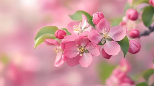 Pink apple blossoms with buds and soft foliage background.