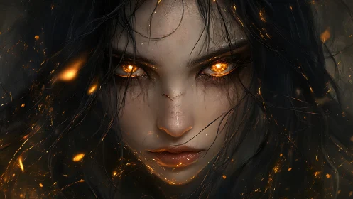 Digital portrait shows female face with luminous orange eyes