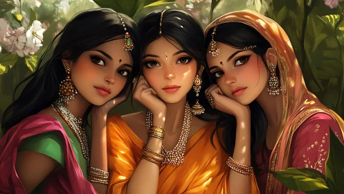 Three elegant women in traditional Indian attire, digital art style.