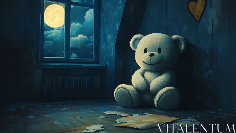 Moonlit plush bear in abandoned attic corner with textured wood