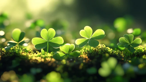 Sunlit green clover leaves glowing over mossy forest floor.