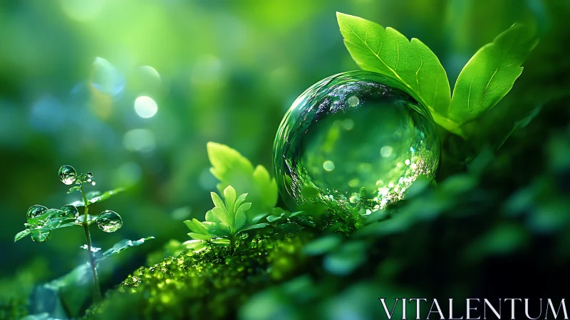 Macro dew sphere on mossy foliage under luminous bokeh glow