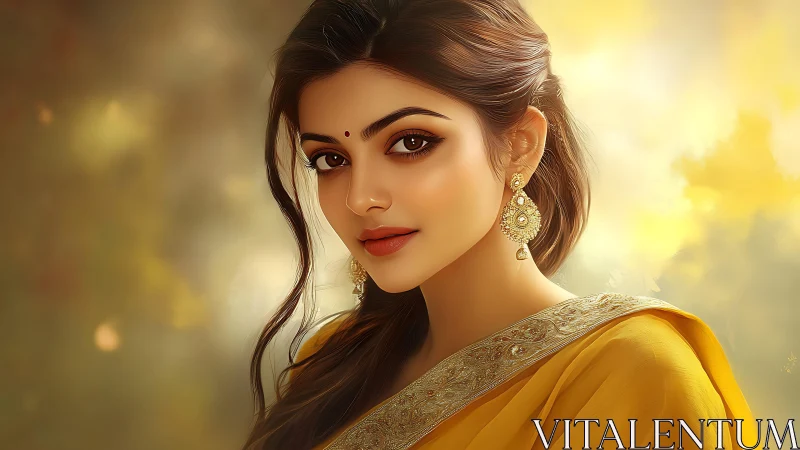 Golden gaze in saffron silk, painted with quiet starlight.