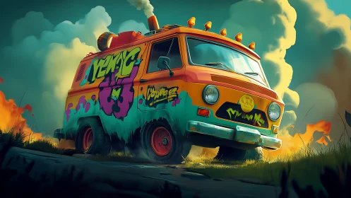 Digital painting of graffiti van in cinematic motion glow.