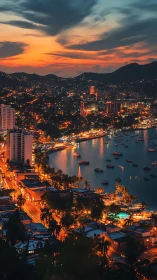 Coastal city bay at dusk with lit streets and skyline.