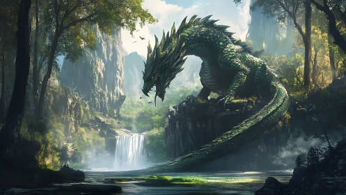 Green scaled dragon above forest waterfall in canyon basin.