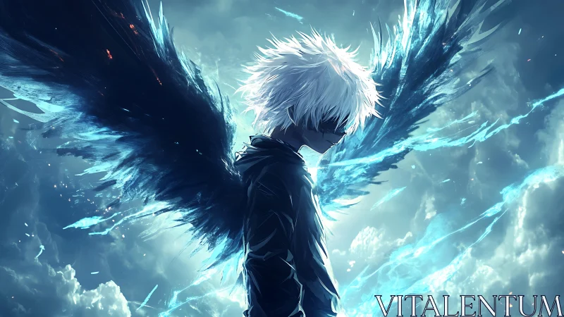 Midnight seraph brooding in electric storm of shattered sky.