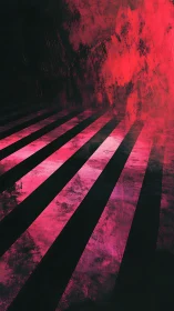 Diagonal striped corridor recedes beneath diffuse red haze