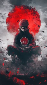 Solitary anime warrior meditating before abstract crimson sun