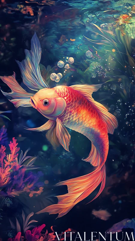 Radiant koi fish glides through luminous aquatic garden.