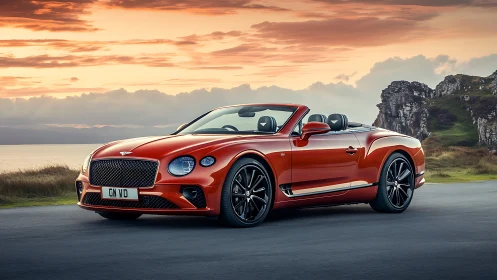 Red luxury convertible coupe parked on coastal roadway.