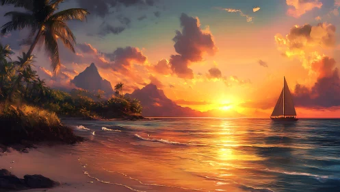 Sunset sail beside quiet palms and glowing island peaks.