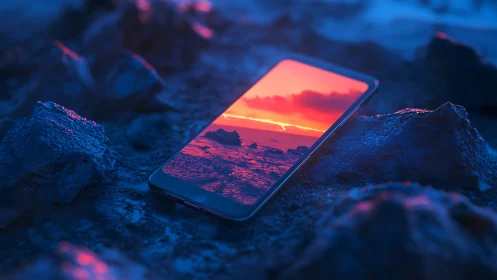 Sunset trapped in a phone on a cool rocky shoreline.