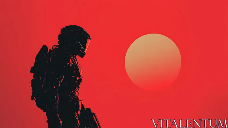 Solitary space ranger under a quiet crimson sunscape.