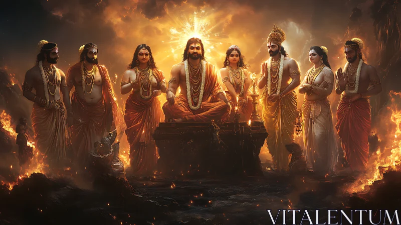 Mythic deities in symmetrical fiery tableau rendered digitally