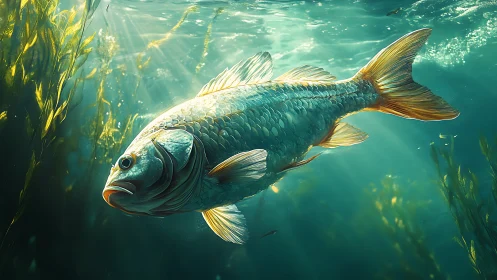 Sunlit underwater carp with golden fins and drifting kelp.