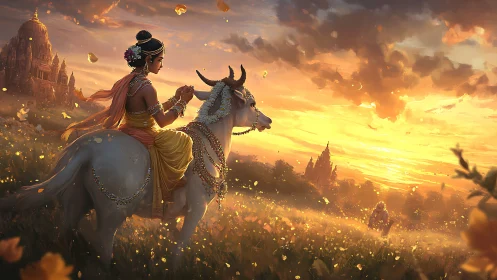 Sunlit Indian princess on jeweled white bull in temple meadow