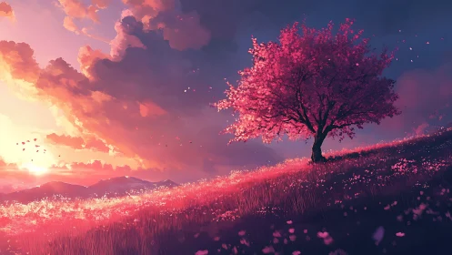 Sunset blossom tree on a glowing pink hillside dreamscape.