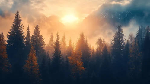 Alpine coniferous forest landscape with Golden Hour atmospheric illumination and atmospheric perspec