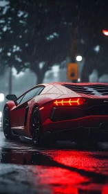 Red supercar idles on wet city street under night rain