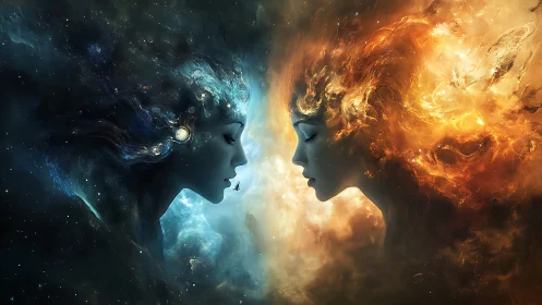 Cosmic twin goddesses embody luminous fire and shadowed ice