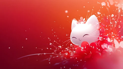 Whimsical Cat Surrounded by Blooming Hearts in Gradient Vermillion.