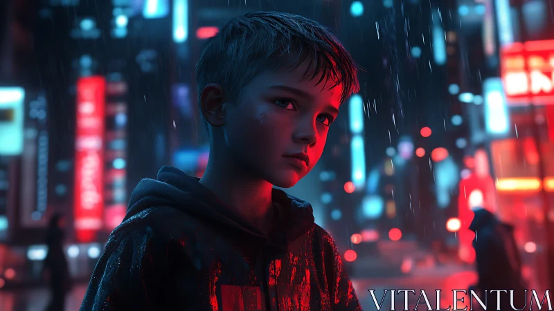 Solitary boy walks through neon city rain in quiet reflection