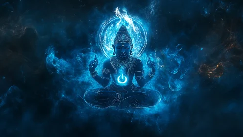 Serene cosmic deity glowing in swirling blue starlight.
