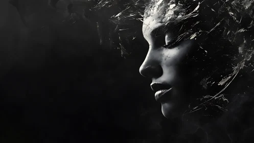 Shattered monochrome portrait drifts in atmospheric darkness