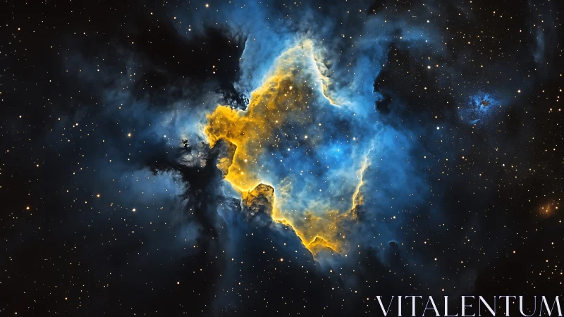 Ionized gas nebula with blue and yellow emission boundary.