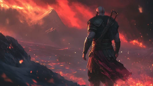 Warrior surveys burning volcanic wasteland at sunset.