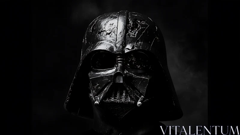 Damaged black sci fi helmet in stark monochrome portrait.