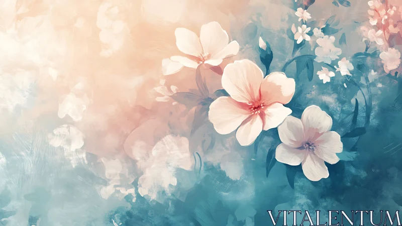 Soft pastel floral illustration on blue and peach ground.