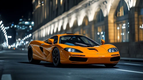 Orange sports car on illuminated city street at night scene.