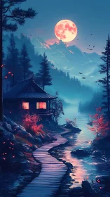 Moonlit riverside cabin with mountain backdrop at night.