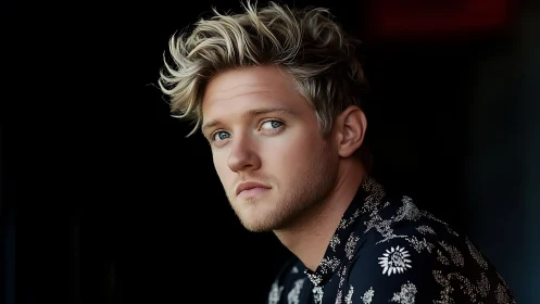 Blond man in patterned shirt is posed against dark backdrop