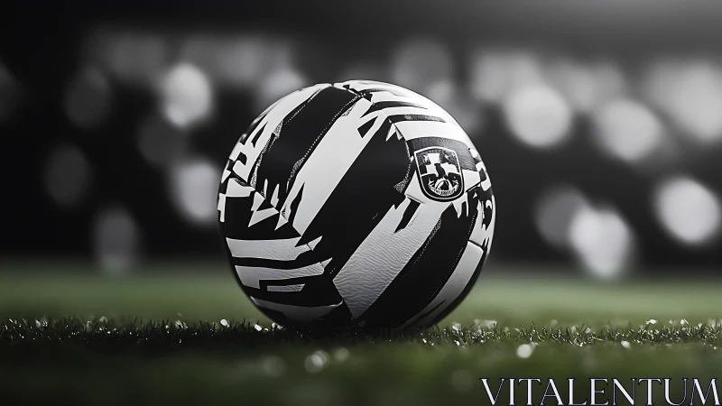Bold black and white soccer ball waiting on glowing turf field.