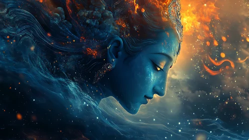 Celestial blue goddess drifts between cosmic fire and ocean calm