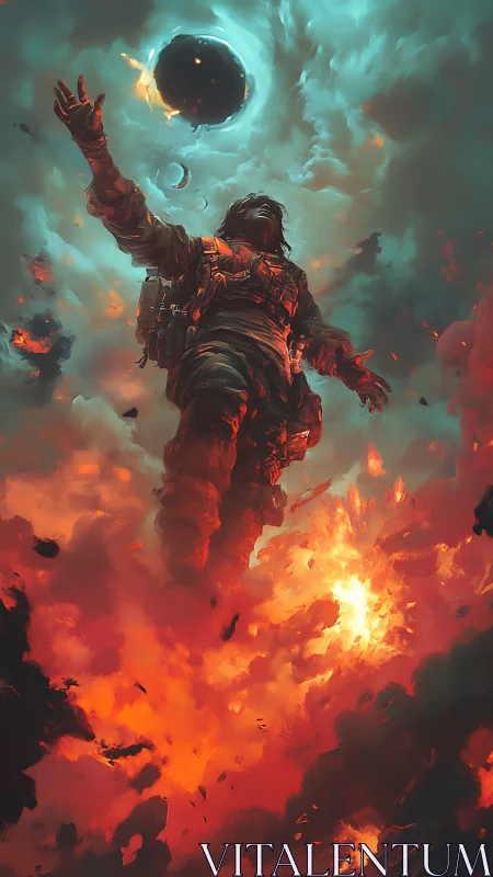 Skybreaker wanderer catching a newborn eclipse above firestorm.