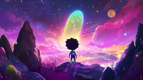 Curly haired dreamer gazing over a glowing cosmic valley.